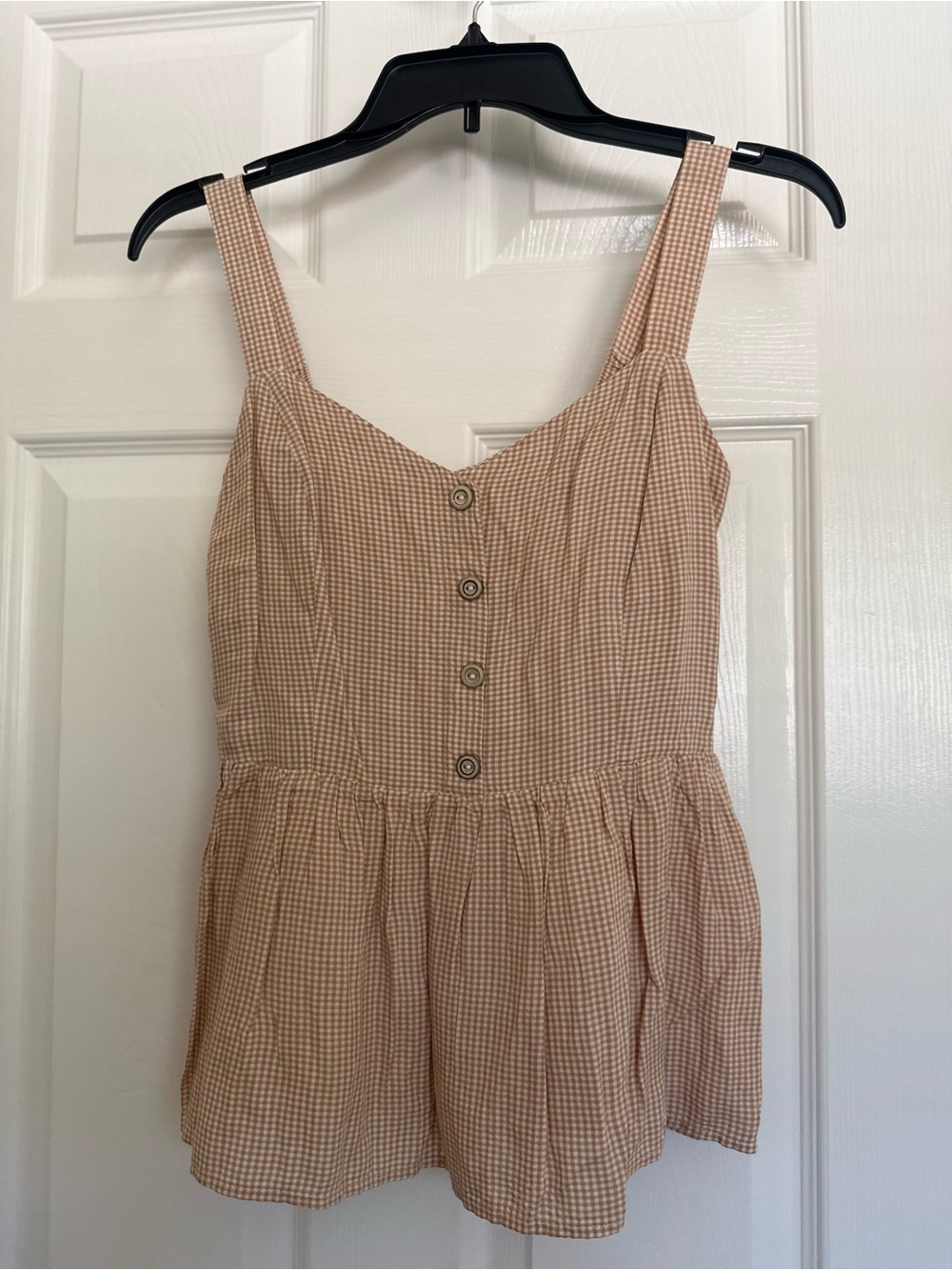 Japna Beige Gingham Button-Front Peplum Tank